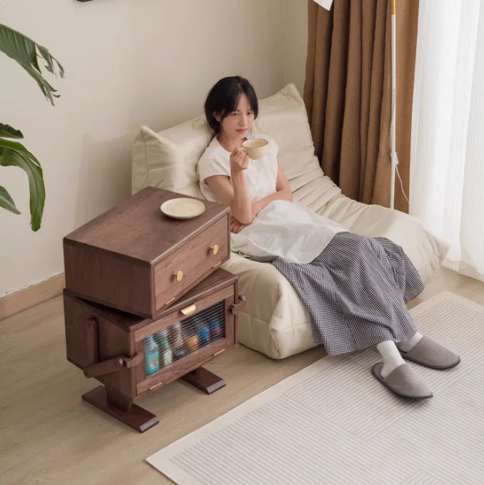 Black Walnut Solid Wood Bedside Table Robot Style Storage Cabinet Sofa Side Creative Kids Chest