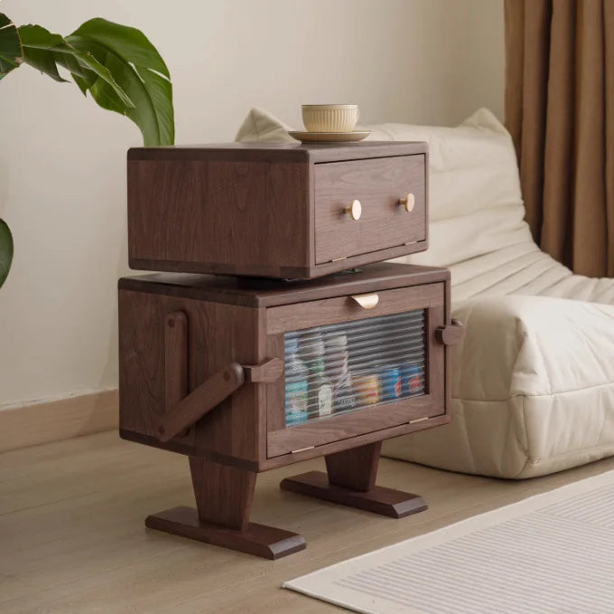 Black Walnut Solid Wood Bedside Table Robot Style Storage Cabinet Sofa Side Creative Kids Chest